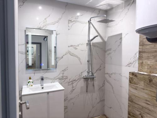 Koupelna v ubytování Modern 1BR Apartment with free Parking and free Gym Pass