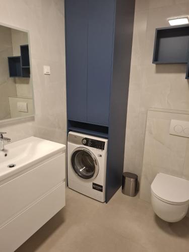 a bathroom with a washing machine and a sink at Apartman Plesa in Povljana
