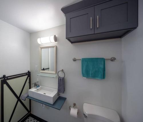 a bathroom with a toilet and a sink and a mirror at Seaview Hideaway Heated Floors, free parking in Seattle