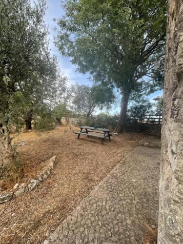 a picnic table sitting on the ground under a tree at Natura Escape in Val di Noto in Noto