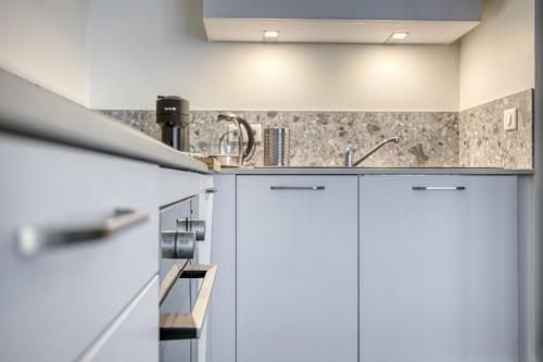 une cuisine avec des armoires blanches et un évier dans l'établissement View point Garden, à Annecy