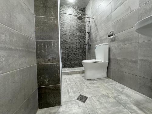 a bathroom with a toilet and a walk in shower at Velvet Vouge Hostel in Yerevan