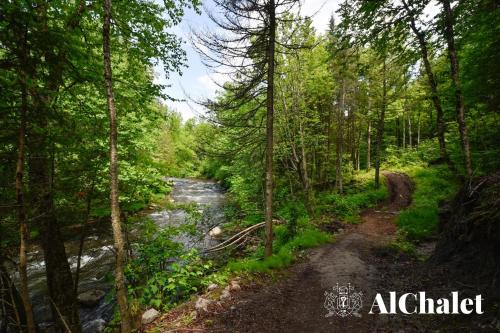 a path in the woods next to a river at Sunset - Cosy boisé - Spa in Pont-Rouge