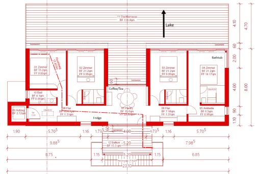 a plan of a building with red lines at Lakeview Guest Rooms with huge rooftop terrace in Beinwil