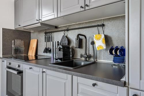 eine Küche mit Spüle und weißen Schränken in der Unterkunft Brodarica Exquisite Apartments in Brodarica