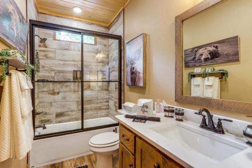 a bathroom with a sink and a toilet and a shower at Next Stop Heaven Game Room and Multiple Decks in Ellijay