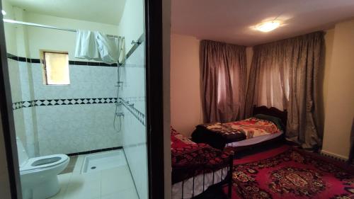 a small bathroom with a shower and a toilet at Kasbah ADRAR in Imilchil