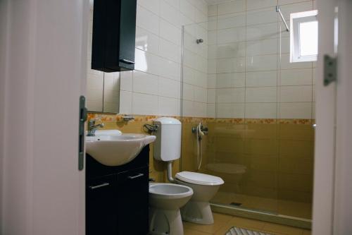a bathroom with a sink and a toilet and a shower at Premium apartments in Ulcinj