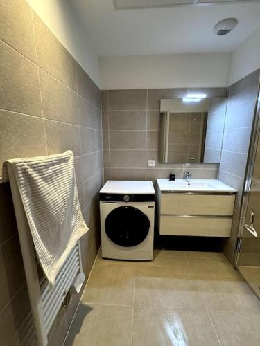 La petite salle de bains est pourvue d'un lavabo et d'un lave-linge. dans l'établissement Magnifique T2-Climatisé avec terrasse-Catalans, à Marseille