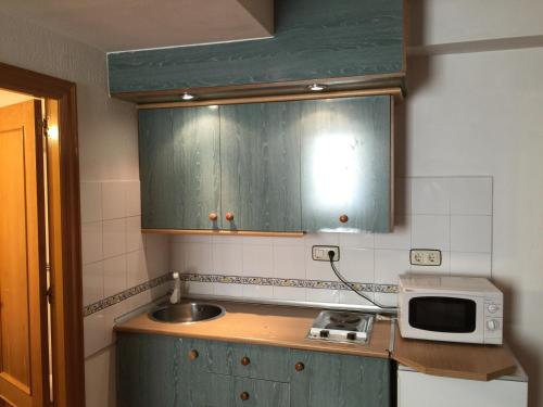 a small kitchen with a sink and a microwave at Apartamentos Montreal in Sierra Nevada