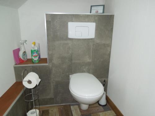 a bathroom with a white toilet in a room at Chez Pauline, Gavray. House with secure parking, Wi-Fi & garage. in Gavray