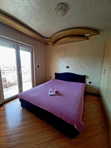 een slaapkamer met een groot bed en een roze deken bij Apartman San in Bajina Bašta