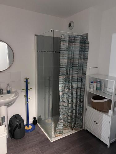 a shower curtain in a bathroom with a sink at Maison de 100m2 a 5 minutes du centre de base du PSG in Poissy