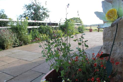 a garden with a bunch of flowers next to a stone wall at Parkfields Barns Self Catering Accommodation in Buckingham