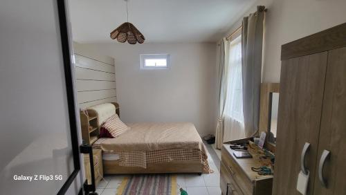 a small bedroom with a bed and a window at Cosey flat Perybere in Grand Baie