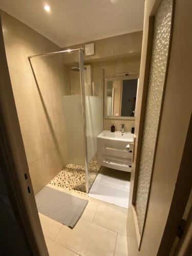 une salle de bain avec une douche en verre et un lavabo dans l'établissement La campagne en ville piscine, jardins et 2 chambres tout confort, à Nice