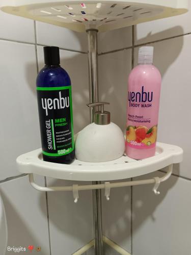 a shelf with two bottles of soap and a detergent at Hellenas Gem in Ukunda