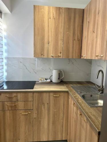 une cuisine avec des armoires en bois et un évier dans l'établissement Superbe studio, à Vallauris