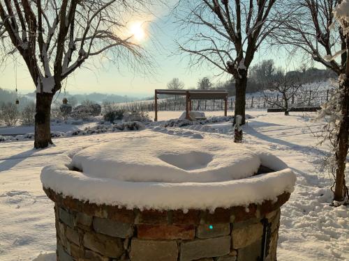 a stone bird bath in a snow covered park at B&B Le Piote in Alessandria