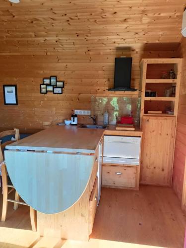 - une cuisine avec une grande île dans une cabane en rondins dans l'établissement Domaine de la Salamandre, à Auriac-du-Périgord