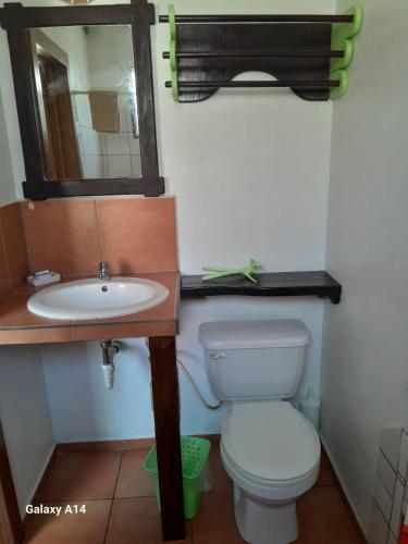 a bathroom with a sink and a toilet and a mirror at Hostal Hansi in Bocas del Toro
