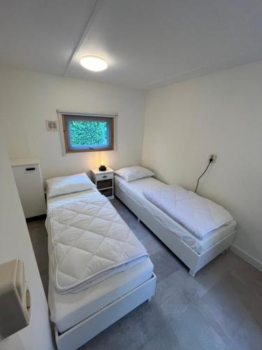 a room with two beds and a window at Modern chalet in de bossen van de Veluwe in Epe