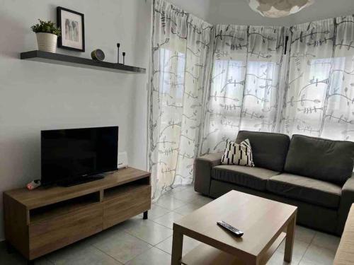 a living room with a couch and a tv at Niove Budget One-Bedroom Apartment in Paralimni