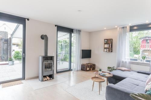 a living room with a blue couch and a fireplace at GOETHE49 - Herbstauszeit, private Sauna, Kamin, Ankommen und Wohlfühlen, viel Platz in gemütlicher und erholsamer Atmosphäre in Rielasingen-Worblingen