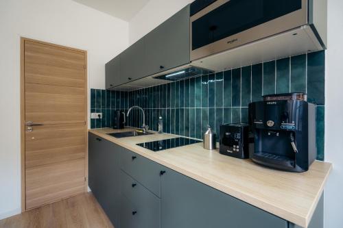 - une cuisine avec un évier et une cafetière sur un comptoir dans l'établissement Le clocher du château, à Fontainebleau