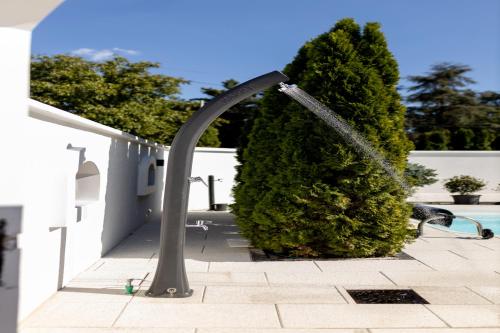 a water fountain in front of a bush at Villa Ring Pool & Padel Belgrade in Barič