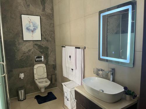 a bathroom with a sink and a toilet and a window at Oryz Apartments Jabi in Abuja