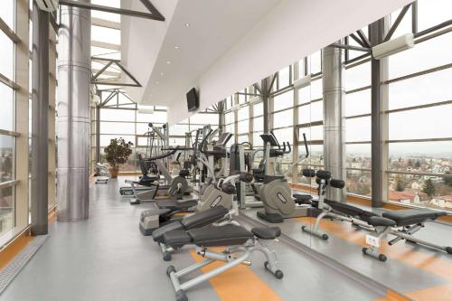 a gym with rows of treadmills and elliptical machines at Wyndham Cluj in Cluj-Napoca