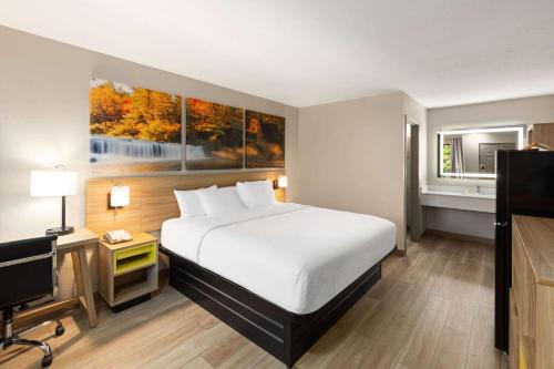 a bedroom with a bed and a desk and a television at Days Inn by Wyndham Helen in Helen