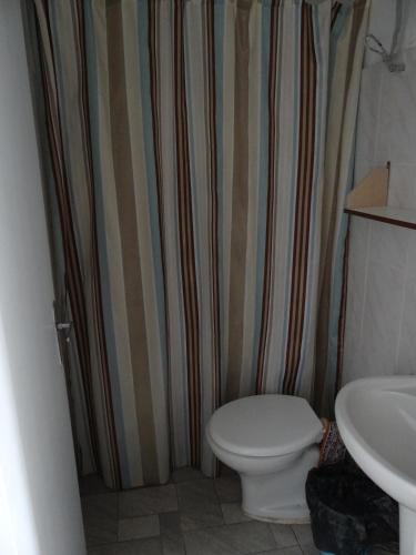 a bathroom with a toilet and a shower curtain at Roma Hotel in Porto Alegre