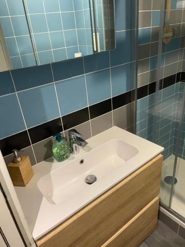une salle de bain avec un lavabo blanc et une douche dans l'établissement Petit studio tout équipé, à Boulogne-Billancourt
