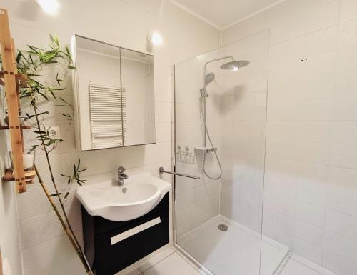 a white bathroom with a sink and a shower at Caesar Residence in Budapest
