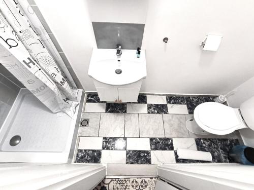 a bathroom with a sink and a toilet and a tub at Caesar Residence in Budapest