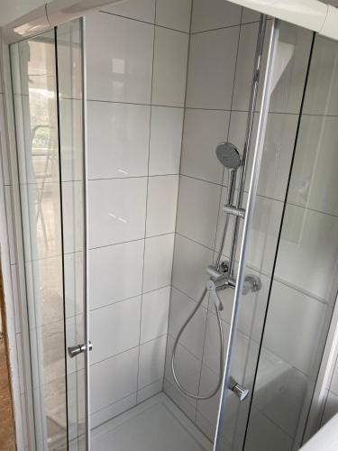 a shower with a glass door with a hose at New York: Messe-/Business-/FeWo Düsseldorf/Hilden in Hilden