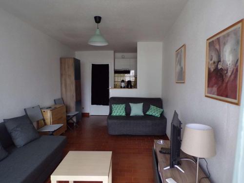 un salon avec un canapé et une télévision dans l'établissement Studio Coquet Proche Plage et Commerces, Terrasse, Parking, Clim, Wifi, Lave-Linge, Lave-Vaisselle - FR-1-328-221, à La Grande Motte