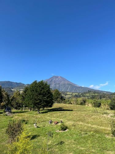 a field of grass with a mountain in the background at La Estancia de Runtún Km 7 in Baños