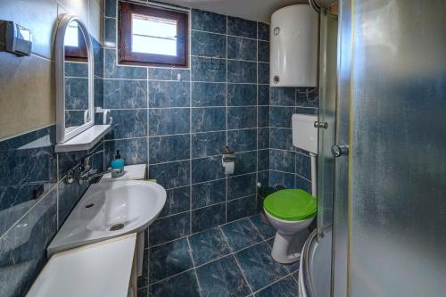 a bathroom with a sink and a toilet and a mirror at Apartmani ZELENI MEDA in Mitrovac