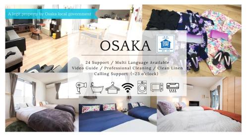 a collage of images of a bedroom with two beds at Tinker Bell in Osaka