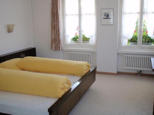 two beds in a room with two windows at Gasthof Löwen in Melchnau