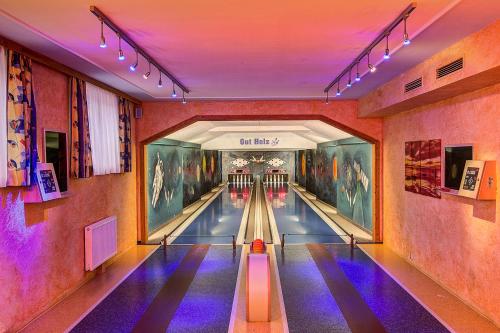 a bowling alley in a museum with paintings on the walls at Der Brückenhof Ramsau in Ramsau am Dachstein