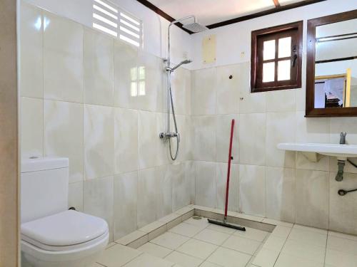 a bathroom with a shower and a toilet and a sink at Sigiriya Paradise Inn in Sigiriya