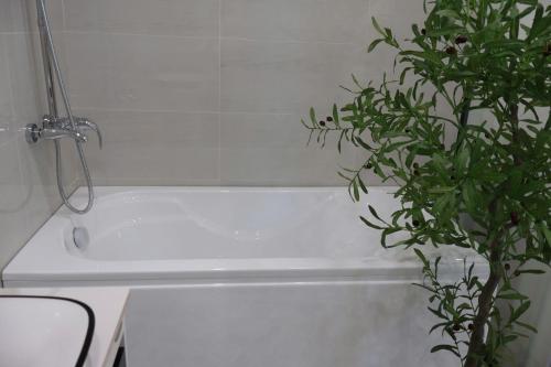 a white bath tub with a plant next to it at The Grand Diamond C Hotel in Trung Ðồng