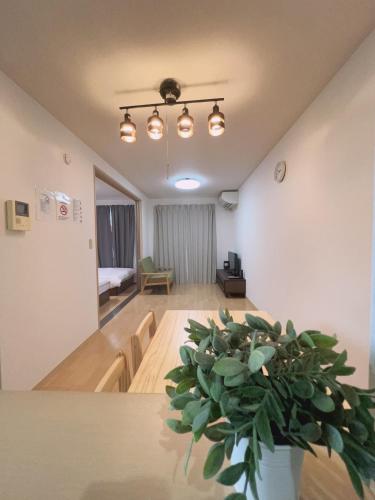 a living room with a table with a potted plant at アーバンハイツ渡辺通a棟 in Fukuoka