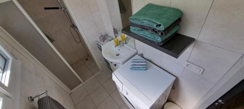 an overhead view of a bathroom with a toilet and a sink at Appartement "Les Calins" in Ney