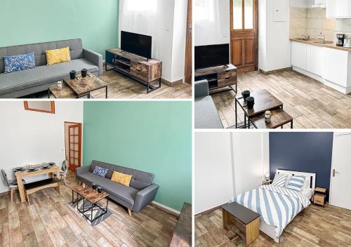 un collage de quatre photos d'un salon dans l'établissement Le Coeur de Melun, Chaleureux appartement, à Melun