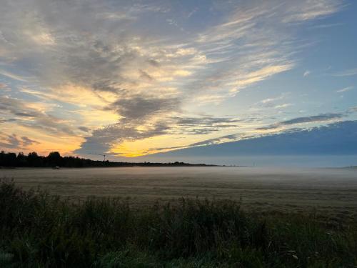 a field with a sunset in the sky with clouds at Haus Seeschwalbe - Wohnung 13 in Spiekeroog